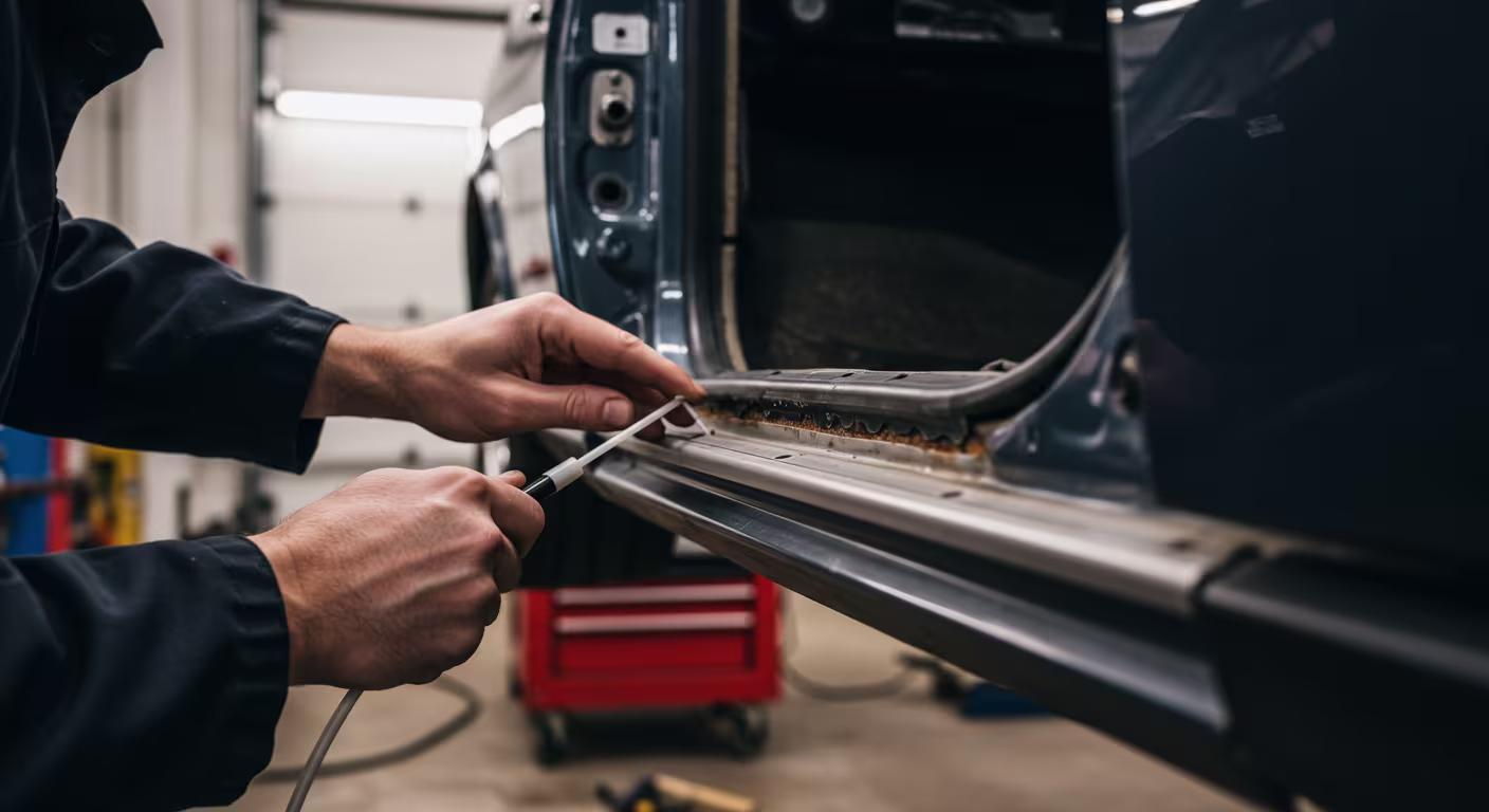 Cavity wax being applied to a vehicle door sill