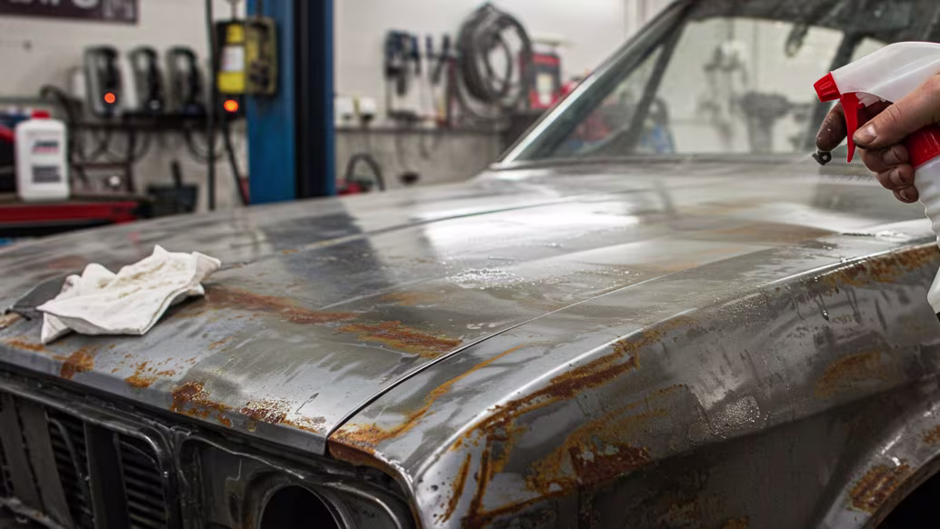Degreasing a rusted panel