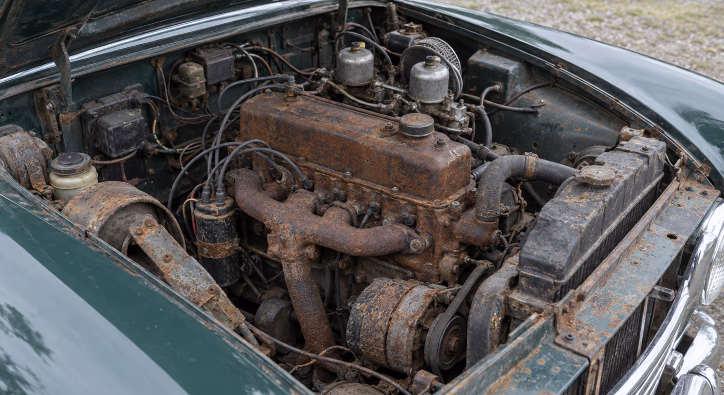 Engine bay of a classic British car with rust on the cast iron block, exhaust manifold and steel brackets