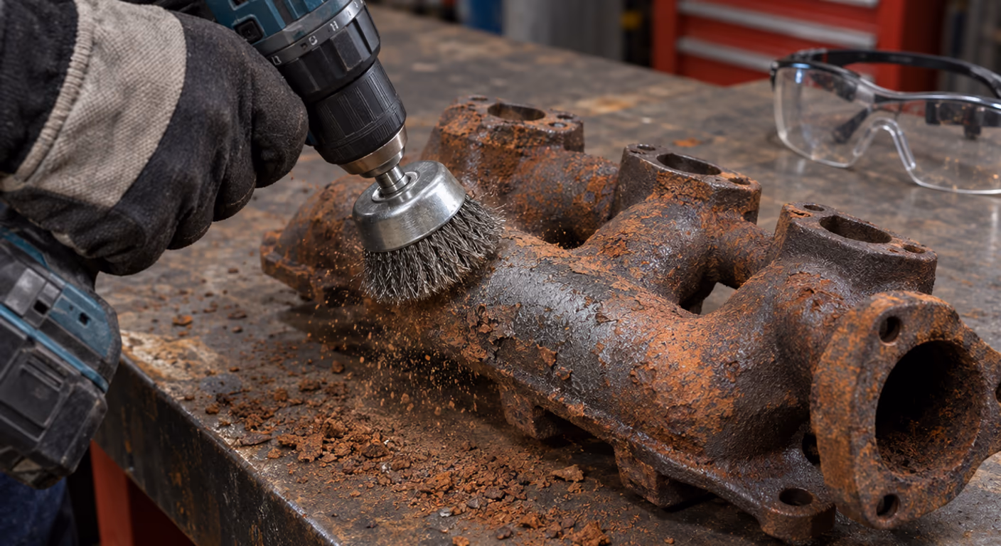 Wire cup brush on a drill stripping flaking rust from a cast iron exhaust manifold on a workbench
