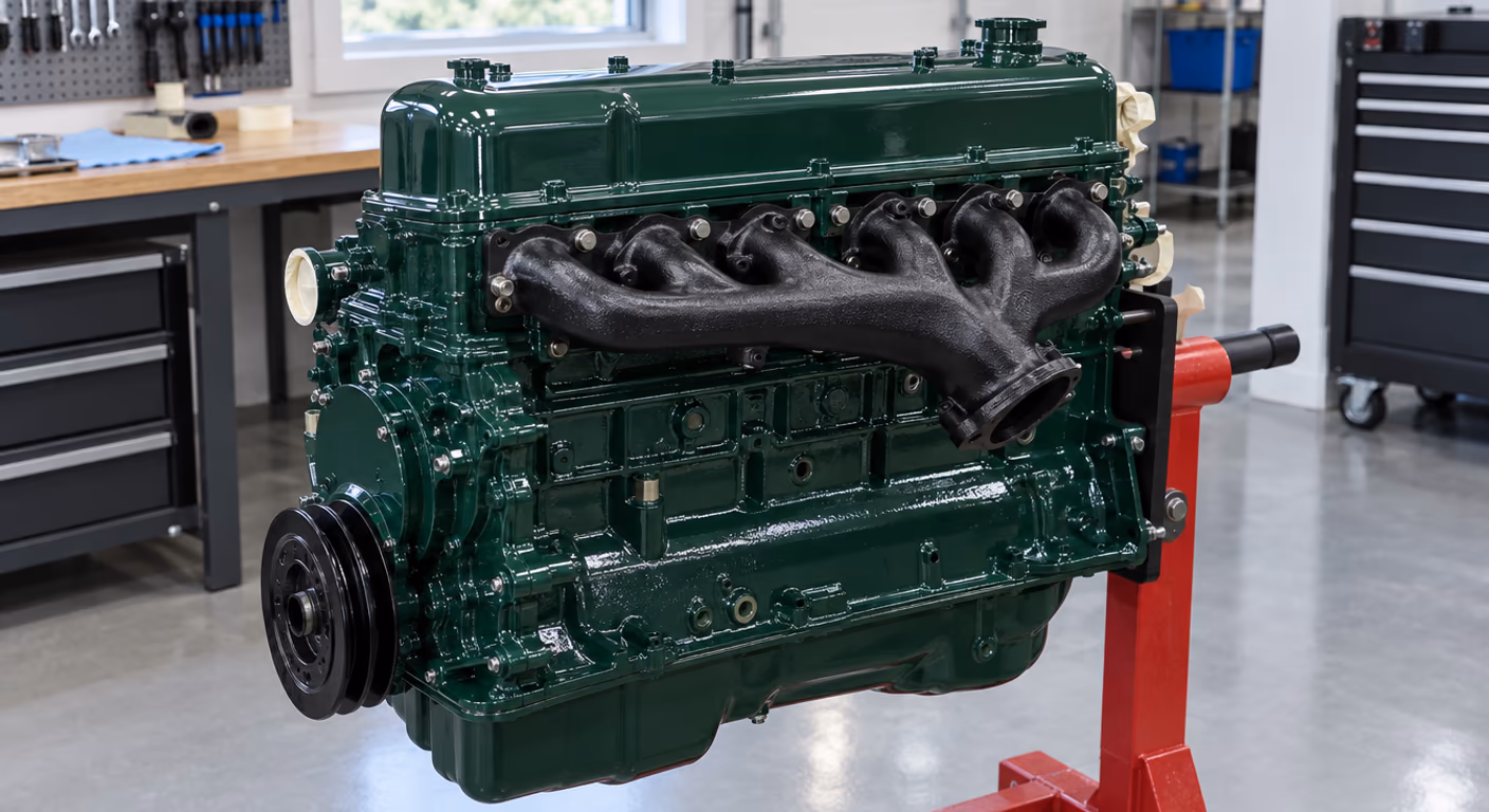 A freshly repainted classic car engine in dark green enamel with a black manifold, on an engine stand