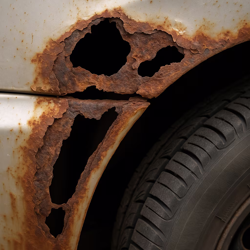 Severe penetrating rust with visible holes through metal