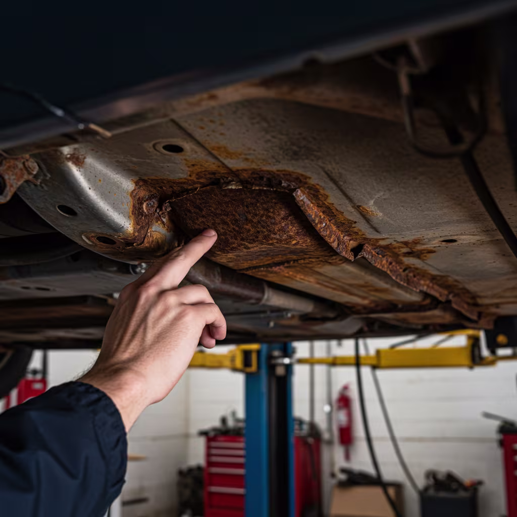 Professional rust inspection of vehicle undercarriage in UK garage