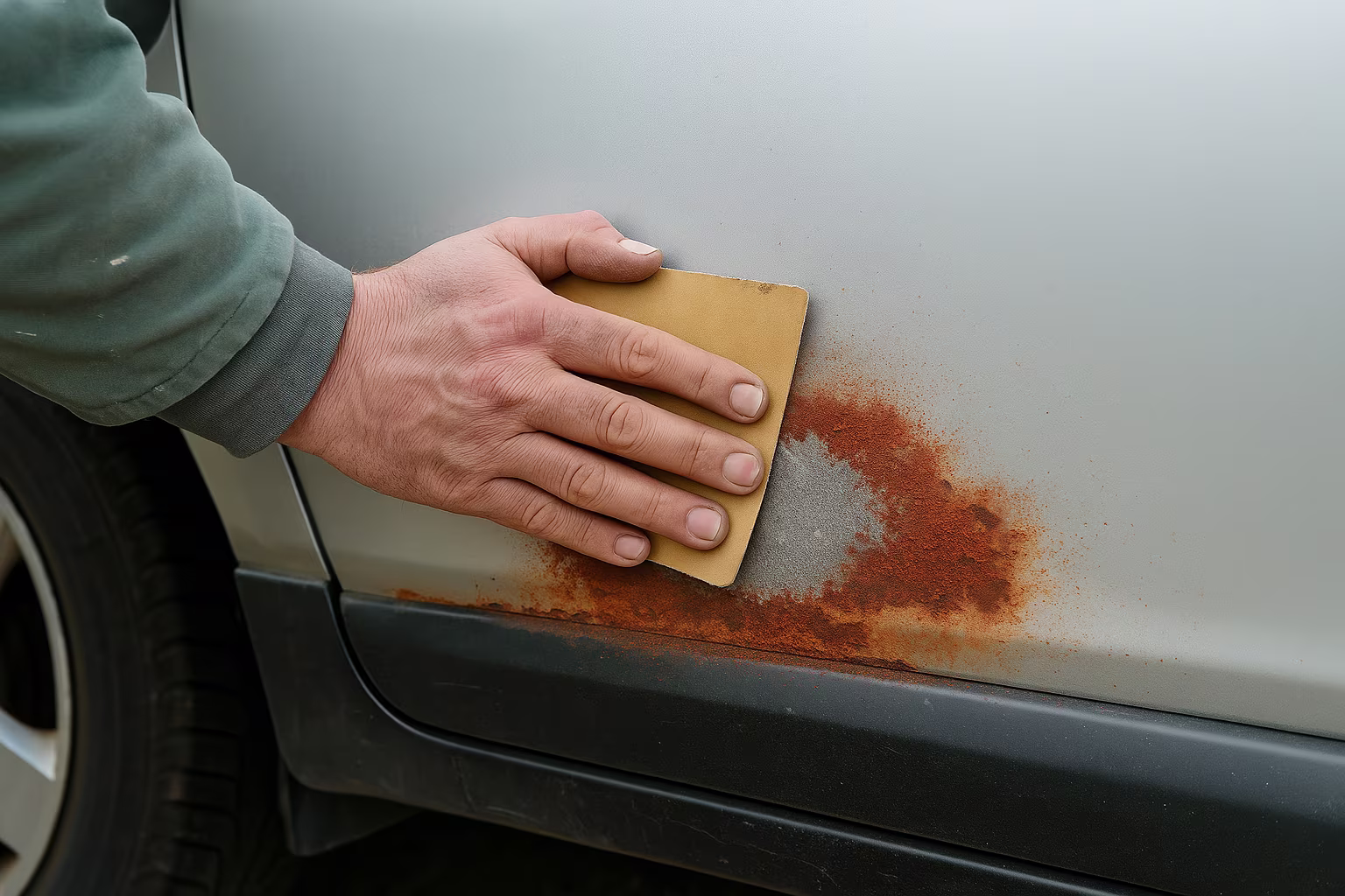A technician treating rust on a vehicle panel